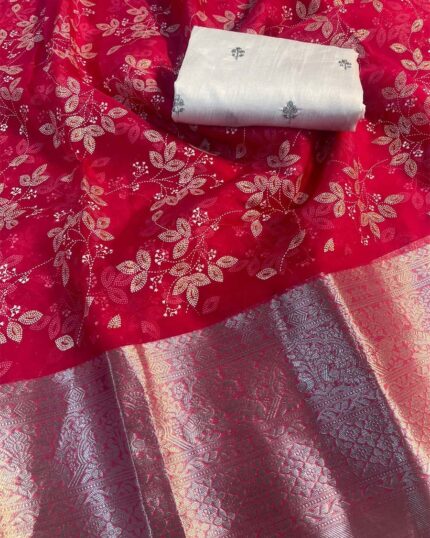 Pink Color Kanchi Pure Organza Jacquard Full Worked Saree With Raw Silk Squence Work Blouse - Navshtri Family