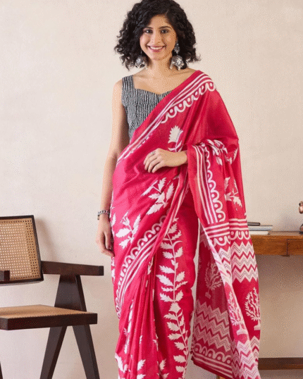 Pink Color Mulmul Cotton 1 - Minute Ready to Wear Saree with Pocket and Blouse Piece - Navshtri Family