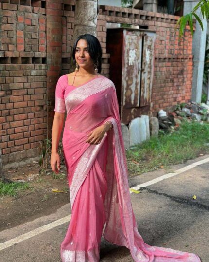 Pink Color Premium Cotton Silk Saree With Classy Blouse and tassels - Navshtri Family
