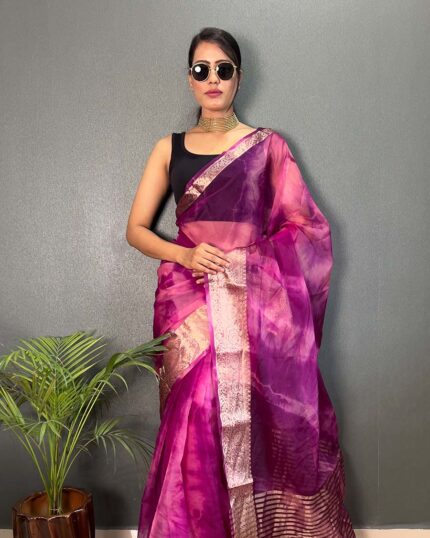 Pink Color Pure Kanchi Organza Jacquard Full Worked Saree With Blouse & Silk Border - Navshtri Family