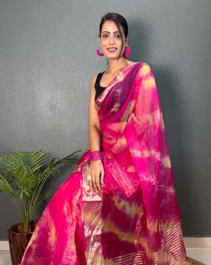Pink Color Pure Kanchi Organza Jacquard Full Worked Saree With Blouse & Silk Border - Navshtri Family