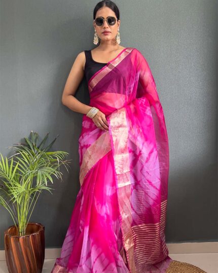 Pink Color Pure Kanchi Organza Jacquard Full Worked Saree With Blouse & Silk Border - Navshtri Family