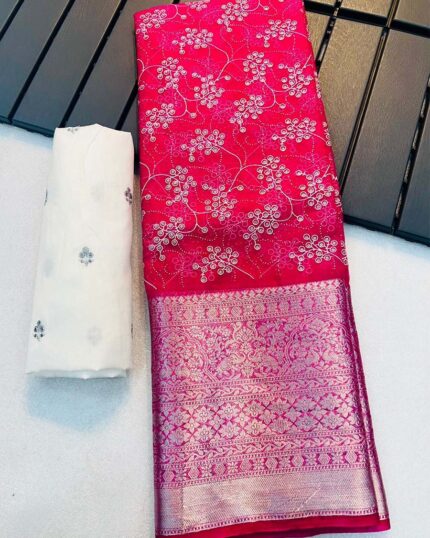 Pink Color Pure Kanchi Organza Jacquard Full Worked Saree With Raw Silk Squence & Silk Border - Navshtri Family