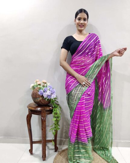 Pink Color Pure Organza Line Pattern Saree with Pure Zari Weaving & Green Border - Navshtri Family