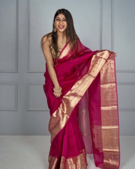 Pink Color Pure Soft Organza Plain Saree with Pure Zari Weaving & Silk Border - Navshtri Family