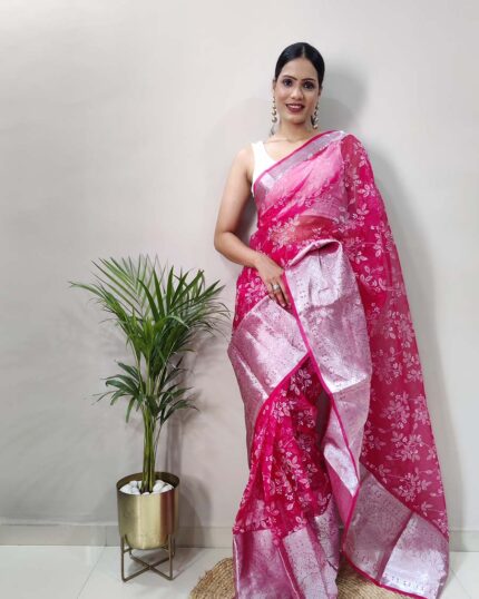 Pink Color Ready to Wear Pure Kanchi Organza Jacquard Full Worked Saree With Blouse & Silk Border - Navshtri Family