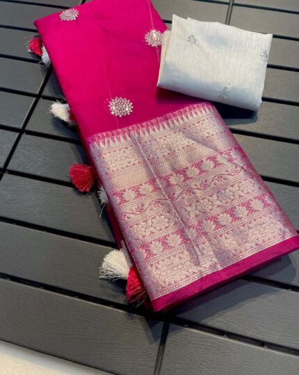 Pink Colour Light Weight Pure Kanchi Organza Jacquard Full Worked Saree With Blouse & Silk Border - Navshtri Family