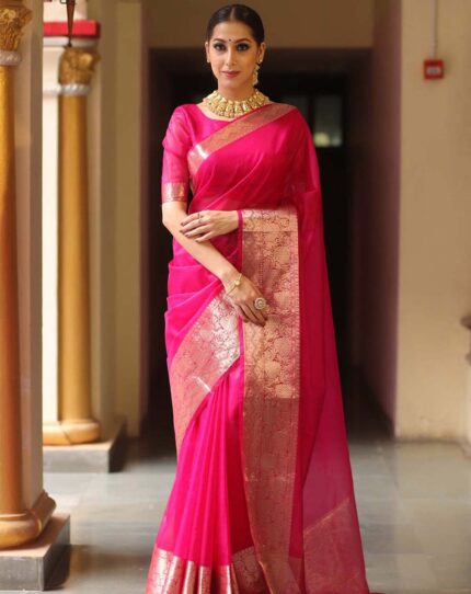 Pink Colour New Collection Pure Kanchi Organza Jacquard Full Worked Saree With Blouse & Silk Border - Navshtri Family