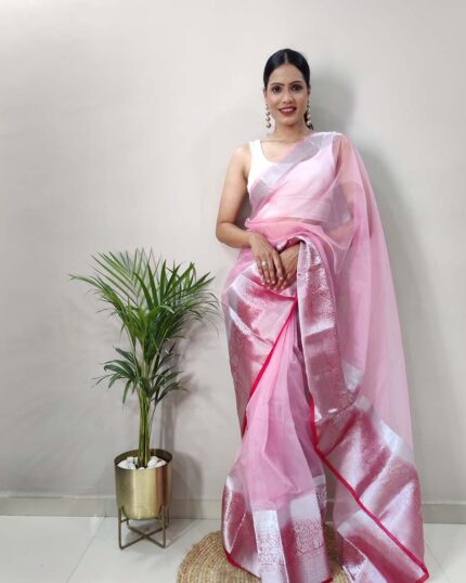 Pink Colour New Design Pure Kanchi Organza Jacquard Full Worked Saree With Blouse & Silk Border - Navshtri Family