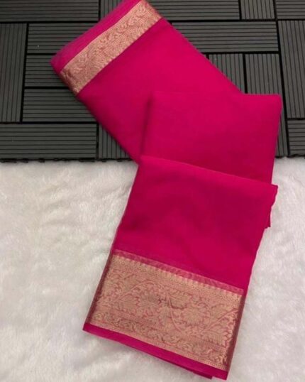 Pink Colour Plain Pure Kanchi Organza Jacquard Full Worked Saree With Blouse & Silk Border - Navshtri Family