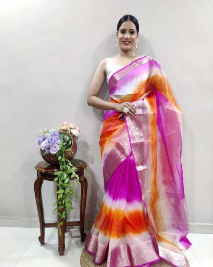 Pink & Orange Color Pure Soft Organza Saree with Pure Zari Weaving & Silk Border - Navshtri Family