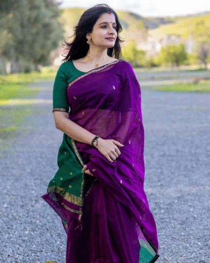 Purple And Green Premium Cotton Silk Saree With Classy Blouse and tassels - Navshtri Family