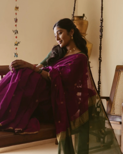 Purple And Green Premium Cotton Silk Saree With Classy Blouse and tassels - Navshtri Family