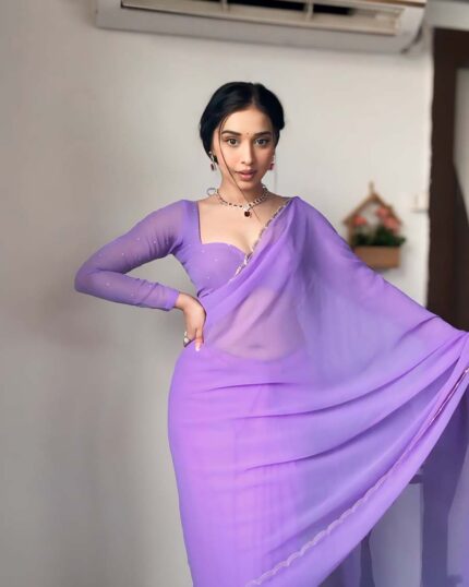 Purple Color 1-Minute Ready To Wear Georgette Saree With Stitched Blouse - Navshtri Family