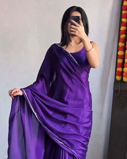 Purple Color 1-Minute Ready To Wear Satin Saree With Blouse Piece - Navshtri Family