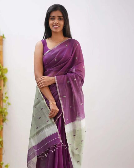 Purple Color Cotton Silk Saree with Calssy Blouse and tassels - Navshtri Family