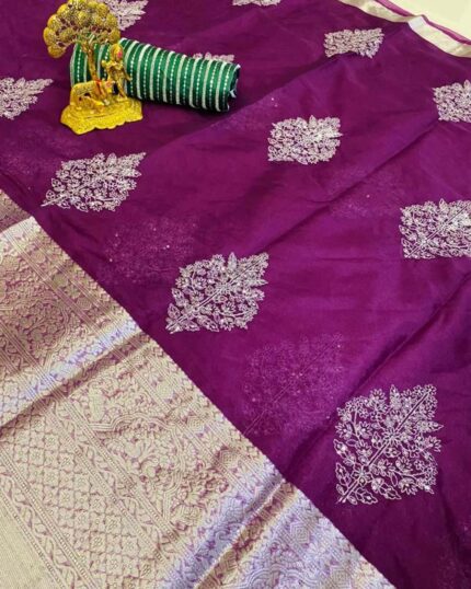 Purple Color Kanchi Organza Jacquard Full Worked Saree for Indian Wedding With Full Embroidery Sequence Work Unsittch Blouse - Navshtri Family