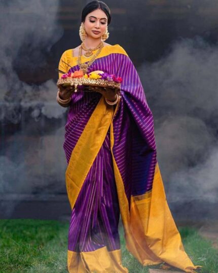Purple Color Latest Design Soft Banarasi Silk Saree with Yellow Color Blouse Golden Zari Work - Navshtri Family
