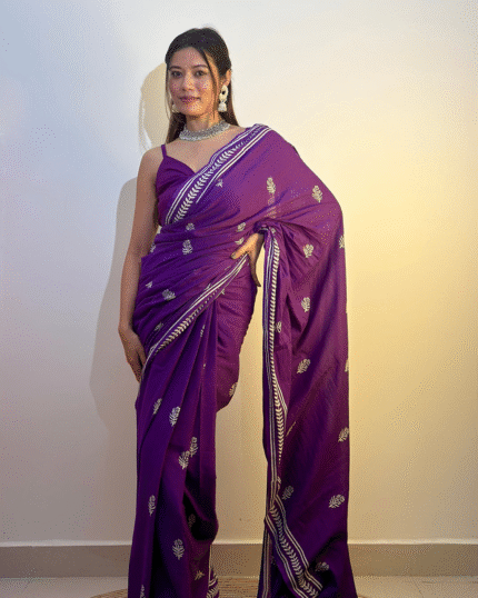 Purple Color Mulmul Cotton 1 - Minute Ready to Wear Saree with Pocket and Blouse Piece - Navshtri Family