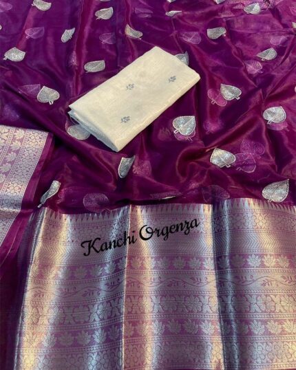 Purple Color Pan Deisgn Kanchi Organza Jacquard Full Worked Saree With Raw Silk Squence Work Blouse & Silk Border - Navshtri Family