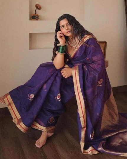 Purple Color Premium Cotton Silk Saree With Classy Blouse and tassels - Navshtri Family