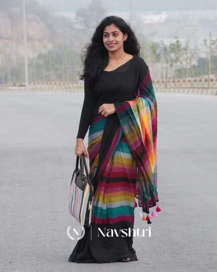 Rainbow Eclipse - Black Linen Saree with Multicolor Accent and Black Blouse - Navshtri Family