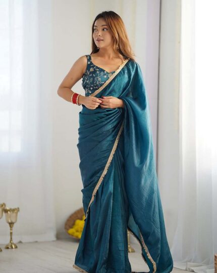 Rama Color 1-Minute Ready To Wear Soft Gold Crush Silk Saree with Lace Border & Stitched Blouse - Navshtri Family