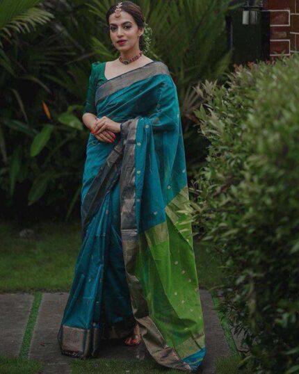 Rama Color Premium Cotton Silk Saree With Classy Blouse and tassels - Navshtri Family