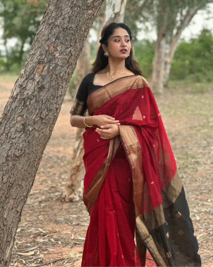 Red And Black Premium Cotton Silk Saree With Classy Blouse and tassels - Navshtri Family