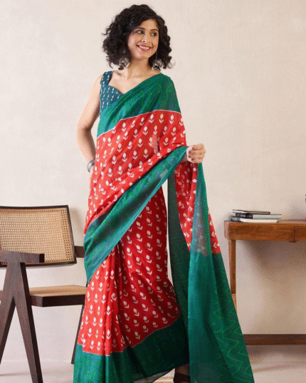 Red And Green Color Mulmul Cotton 1 - Minute Ready to Wear Saree with Pocket and Blouse Piece - Navshtri Family
