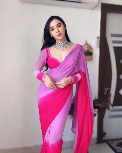 Red And Pink Colour 1-Minute Ready To Wear Georgette Saree With Blouse Piece - Navshtri Family