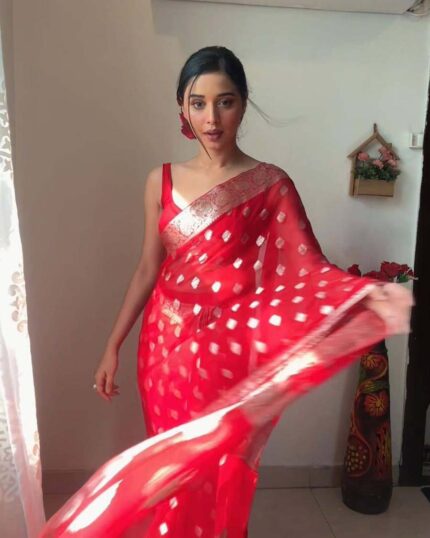 Red Color Best Selling 1 Minute Ready to Wear Soft Banarasi Silk Saree with Golden Zari Work - Navshtri Family