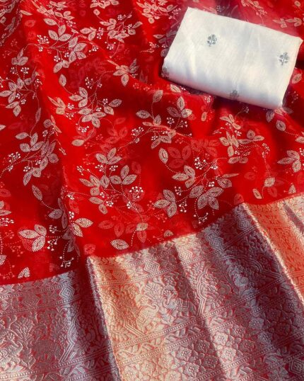 Red Color Kanchi Pure Organza Jacquard Full Worked Saree With Raw Silk Squence Work Blouse - Navshtri Family
