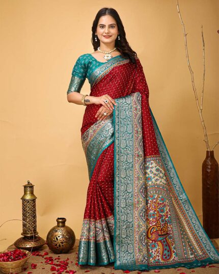 Red Color Latest Design Dola Silk Saree with Blouse Piece - Navshtri Family