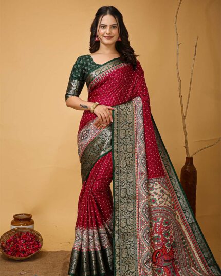Red Color Latest Design Dola Silk Saree with Blouse Piece - Navshtri Family