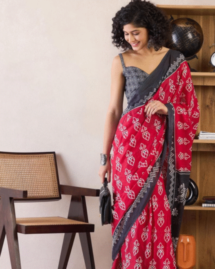 Red Color Mulmul Cotton 1 - Minute Ready to Wear Saree with Pocket and Blouse Piece - Navshtri Family