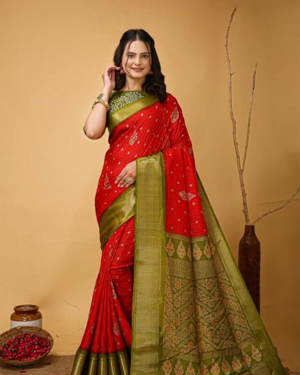 Red Color New Design Dola Silk Saree with Blouse Piece - Navshtri Family