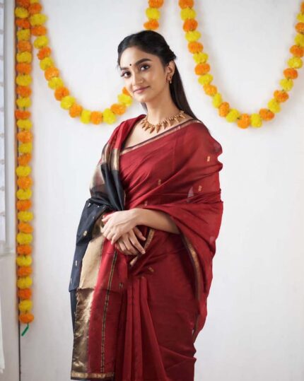 Red Color Premium Cotton Silk Saree With Classy Blouse and tassels - Navshtri Family