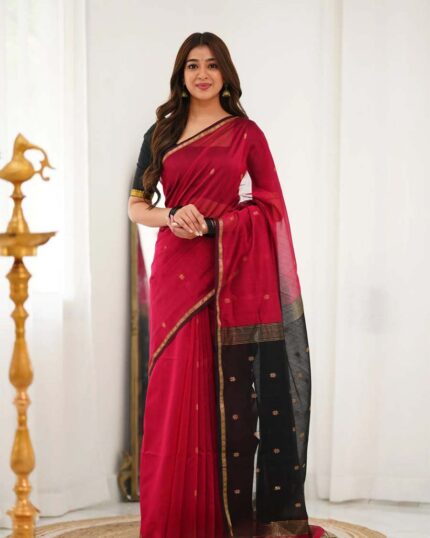 Red Color Premium Cotton Silk Saree With Classy Blouse and tassels - Navshtri Family