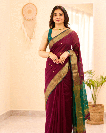 Red Color Premium Cotton Silk Saree With Classy Blouse and tassels - Navshtri Family