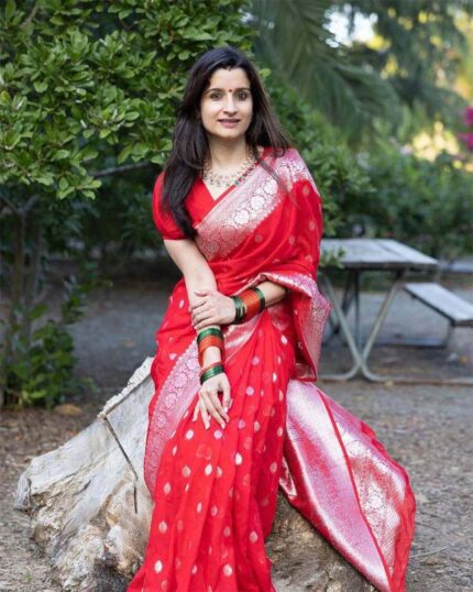 Red Color Premium Cotton Silk Saree With Classy Blouse - Navshtri Family