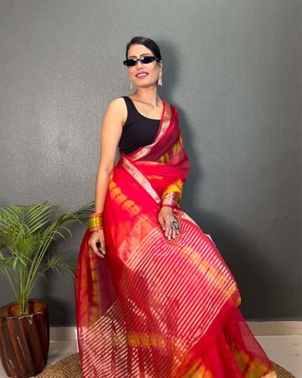 Red Color Pure Kanchi Organza Jacquard Full Worked Saree With Blouse & Silk Border - Navshtri Family