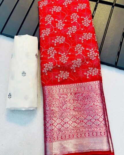 Red Color Pure Kanchi Organza Jacquard Full Worked Saree With Raw Silk Squence & Silk Border - Navshtri Family