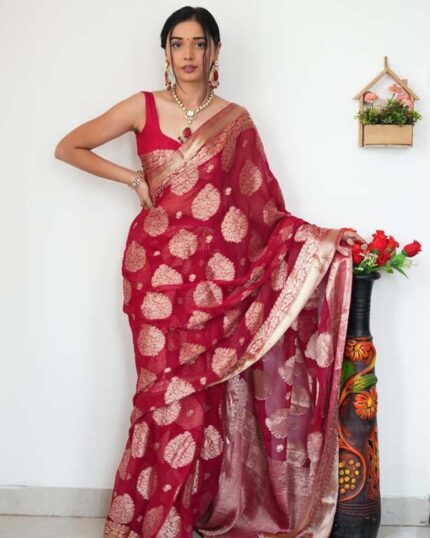 Red Color Ready to Wear Soft Banarasi Silk Saree with Golden Zari Work - Navshtri Family