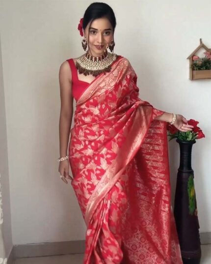 Red Color Ready to Wear Soft Banarasi Silk Saree with Golden Zari Work - Navshtri Family