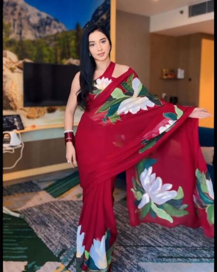 Red Colour 1-Minute Ready To Wear Georgette Saree With Blouse Piece - Navshtri Family