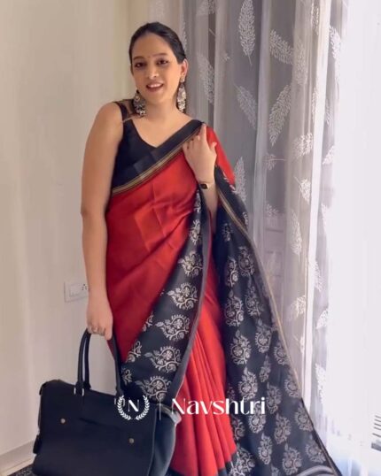 Red Eclipse - Red Linen Saree with Black Blouse and Black Border - Navshtri Family