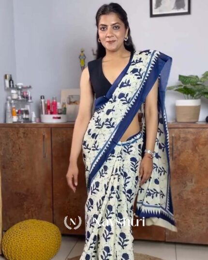 Safed Neel - White Linen Drape with Blue Border and Black Blouse Fabric - Navshtri Family