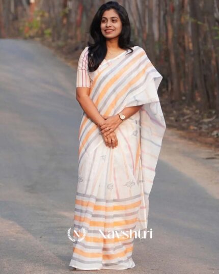 Safed Noor - Classic White Linen Saree with White Blouse - Navshtri Family
