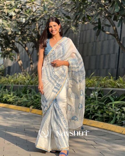 Safed Saaya - White Linen Saree with Blue Color Blouse - Navshtri Family